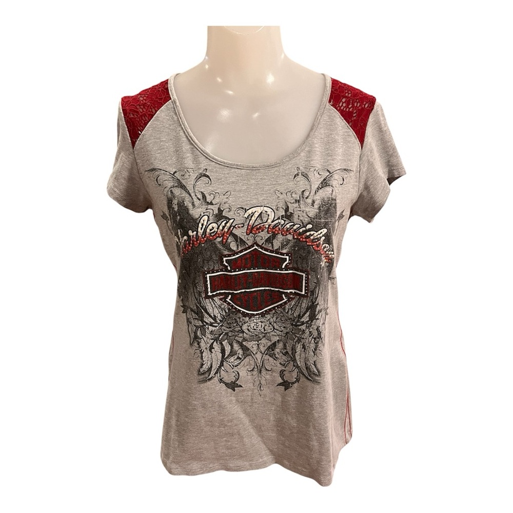 Harley-Davidson Y2K Gray Tee with Red Lace Accents Size M